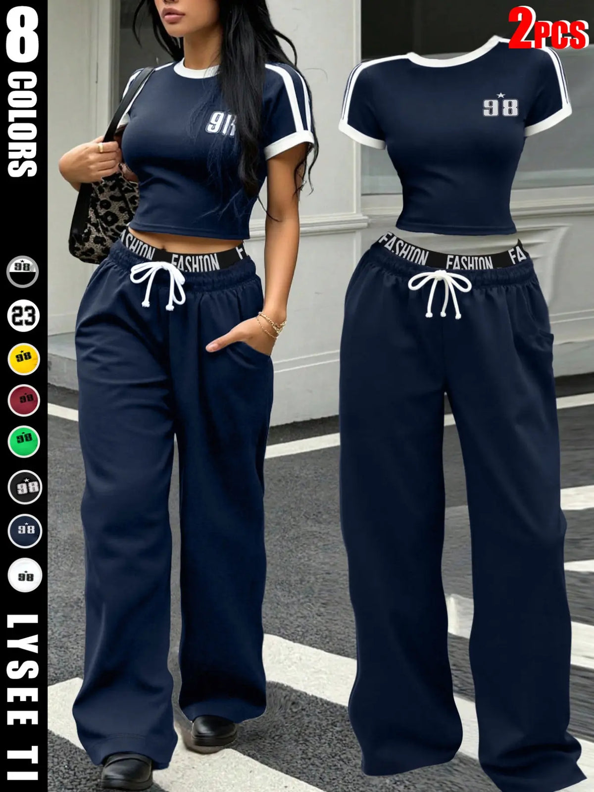 European and American spicy girl chic style black and white contrasting striped short crop top+letter waist wide leg pants women's two-piece set, Outfit, Clothes