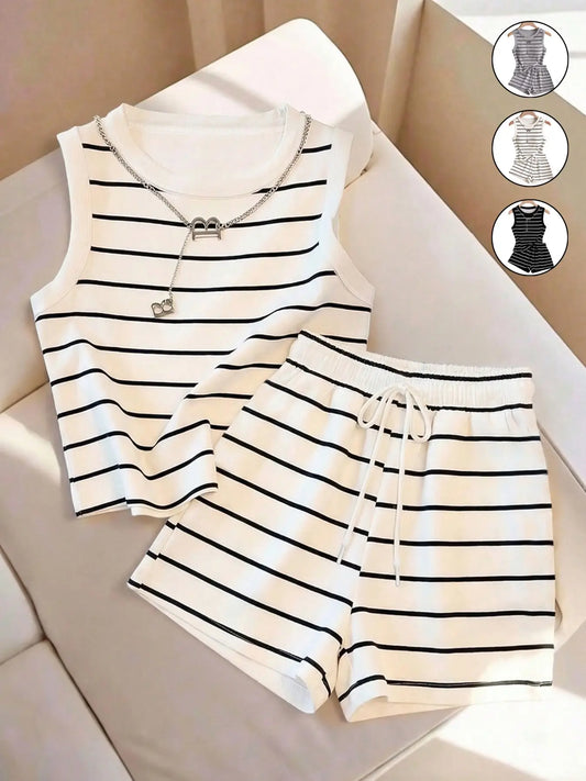 2pcs/Set Women's Striped Round Neck Tank Top And Shorts Casual 2 Pieces Set, Lightweight, Comfortable and Versatile, Perfect for Daily Wear and Relaxing Days
