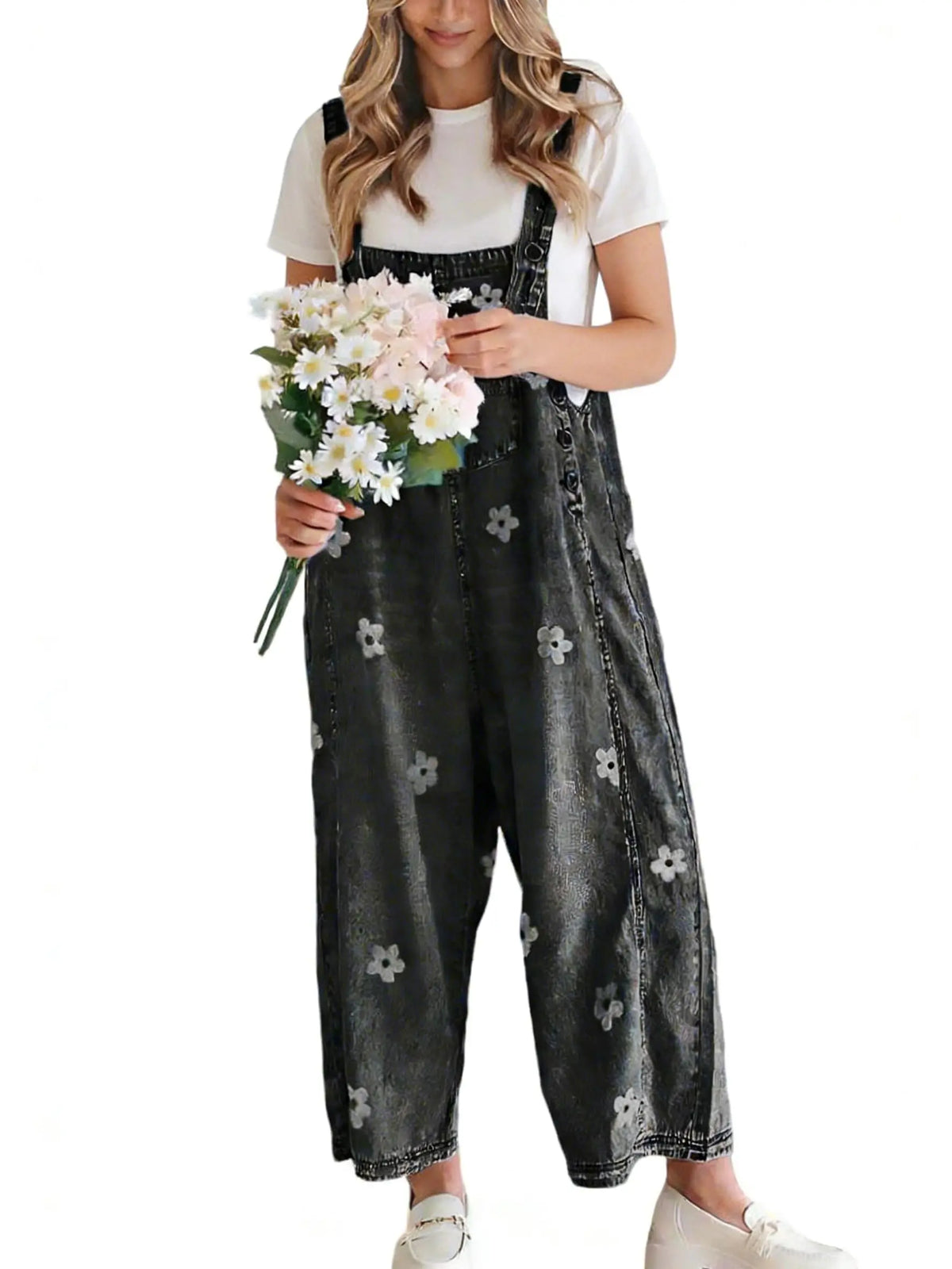 utcoco Women's Cotton Bib Overalls - Cute Floral Print Denim Jumpsuit with Baggy Wide Leg, Adjustable Straps, Vibe Fashion Apparel, Women's Fashion Back to School Clothes
