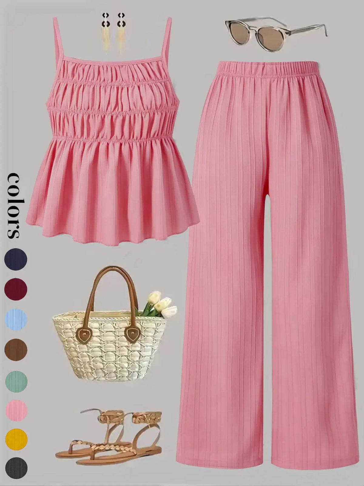 Two-Piece Set Women's Solid Color Cami Top & Wide Leg Pants Set, Street Fashion Casual Everyday Set Outfits for Daily Outdoor Wear, Ladies Clothes for All Seasons