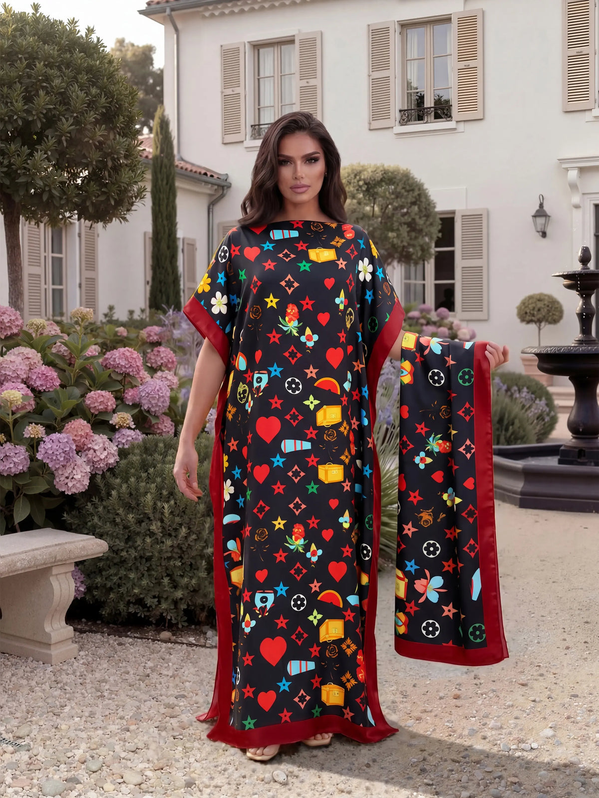 Fashionable Elegant Full-Body Print Robe Set, Moo Moo Long Dress + Headscarf Scarf, Women's Beach Sun Protection Silk Shawl, Beachy Style