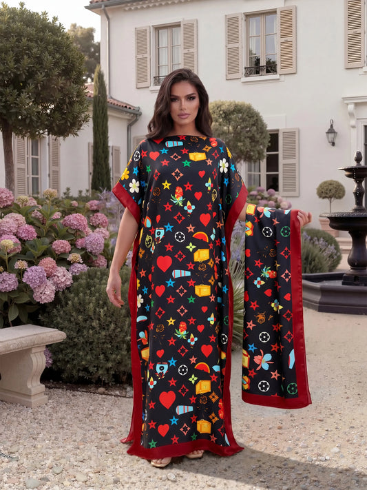 Fashionable Elegant Full-Body Print Robe Set, Moo Moo Long Dress + Headscarf Scarf, Women's Beach Sun Protection Silk Shawl, Beachy Style