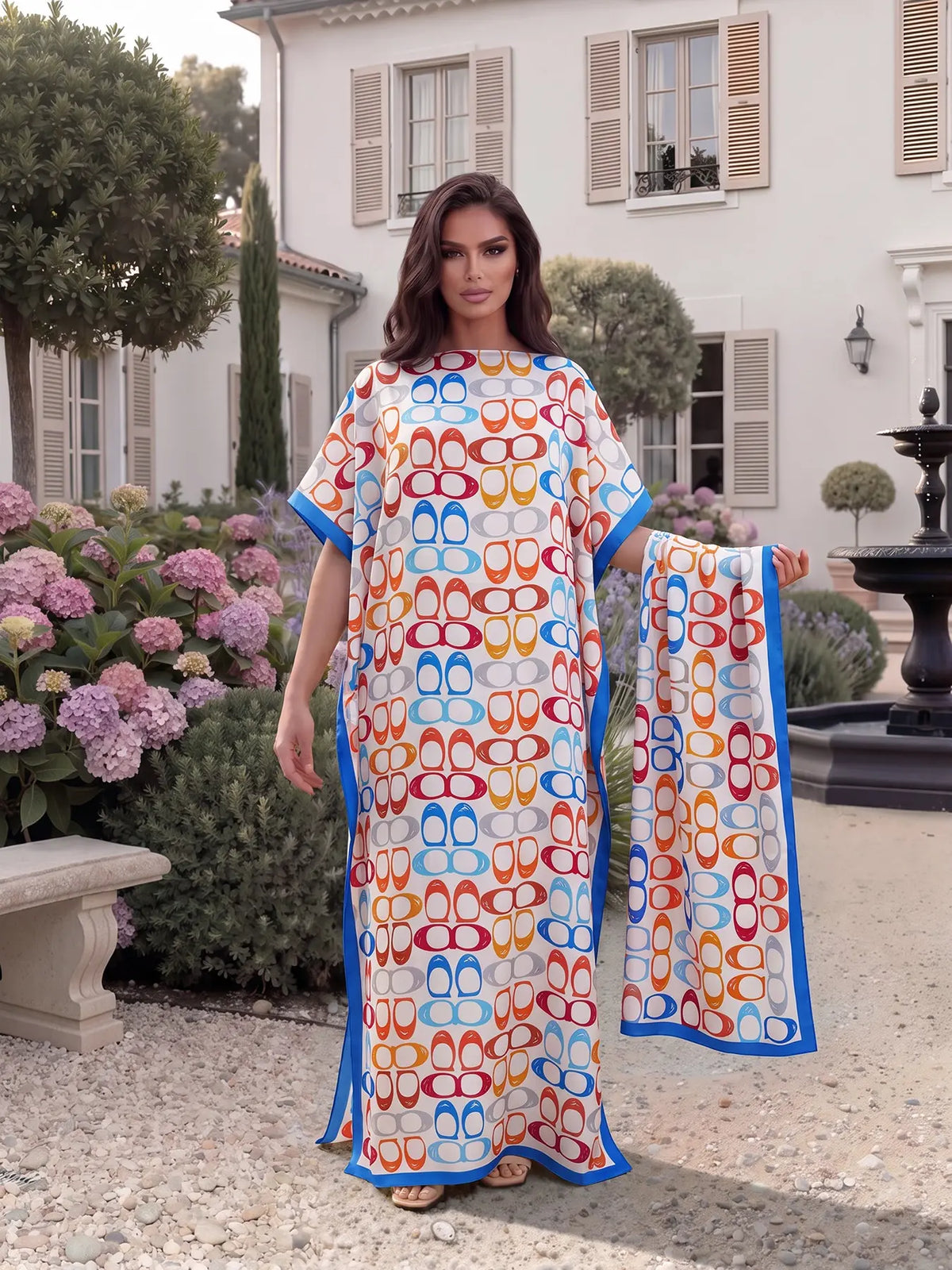 Women's Elegant Chic Geometric Print Robe Set, Casual Fitted Long Dress & Scarf, Beach Resort Wear Sun Protection Satin Matching Set Shawl