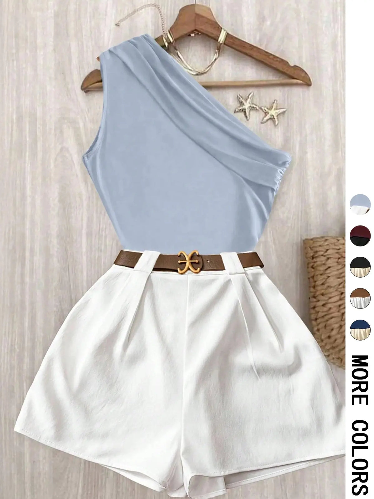 Contrast One-Shoulder Top & Pleated Shorts Matching Set - Ideal for Date Nights, Vacations & Brunch | Comfortable Two-Piece Set, Quiet Luxury Aesthetic - Trendy Baddie Outfit for Office & Going Out | Viral （No Belt） Office Wear