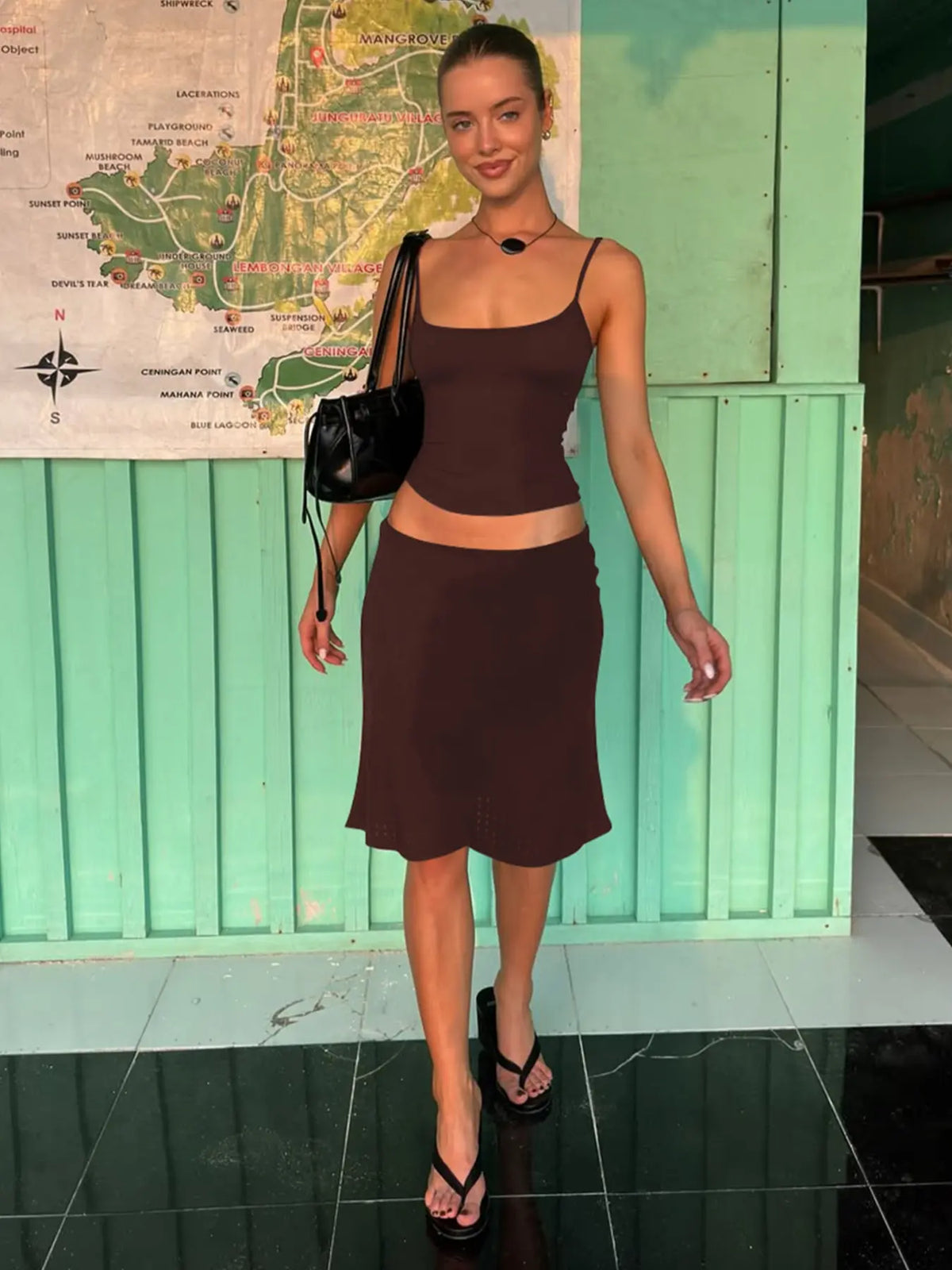 Women's Two-Piece Basic Solid Color Sleeveless Spaghetti Strap Short Cami Top & Skirt Set, Plain Backless Adjustable Strap Outfit for Party, Club and Date, Summer Clothes