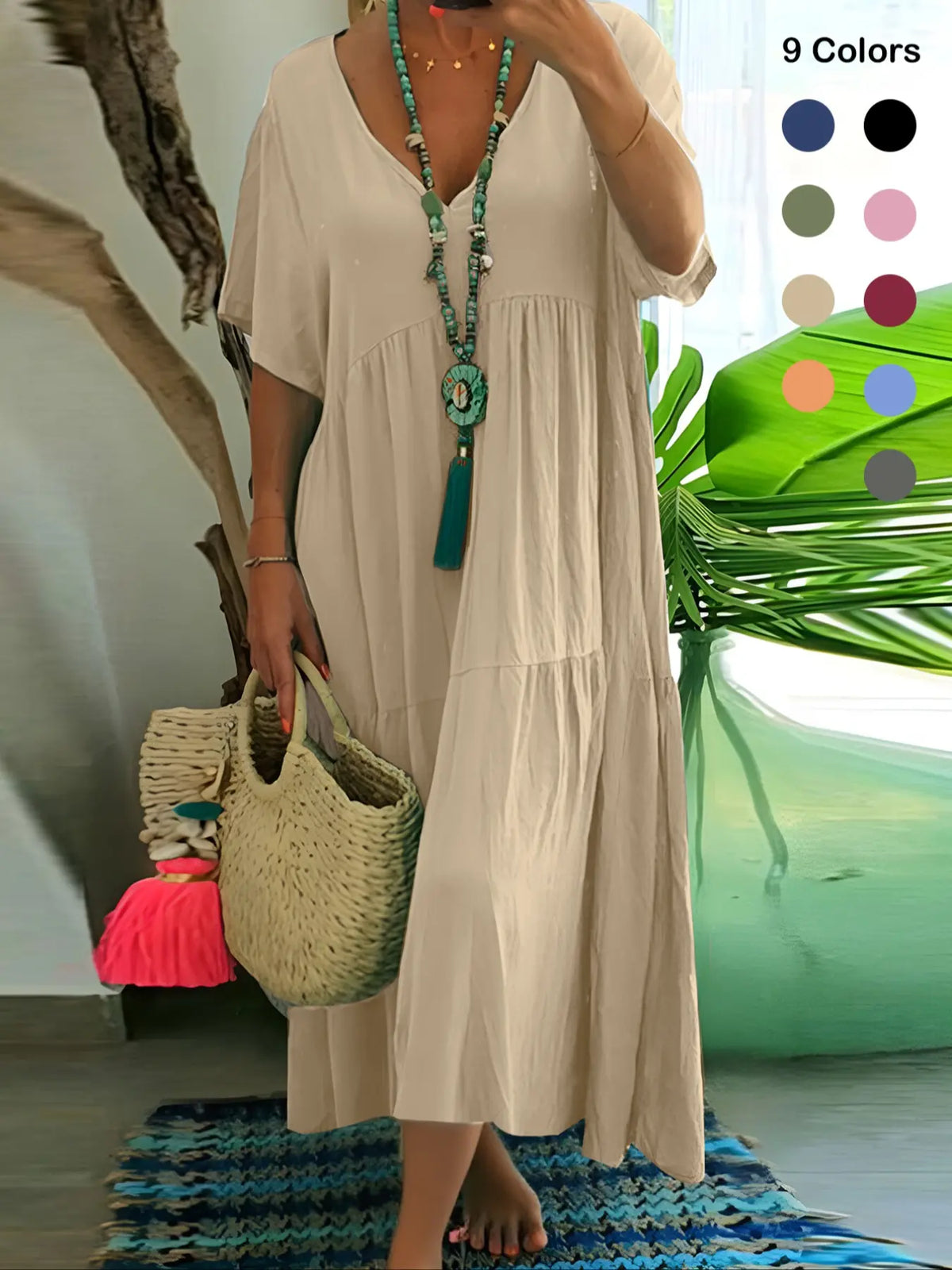 Plus Size Women's Summer Casual Loose V-Neck Plain Long Dress Bohemian Boho Style, Short Sleeve, Tiered Layer, Spring & Fall Fashion