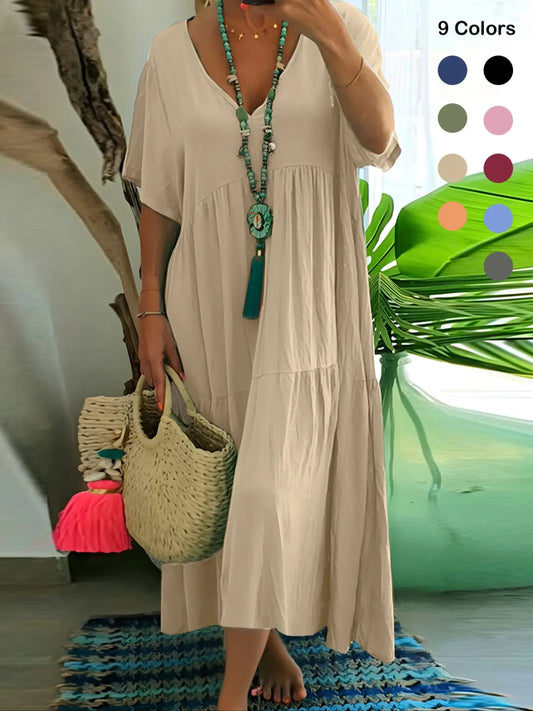 Plus Size Women's Summer Casual Loose V-Neck Plain Long Dress Bohemian Boho Style, Short Sleeve, Tiered Layer, Spring & Fall Fashion