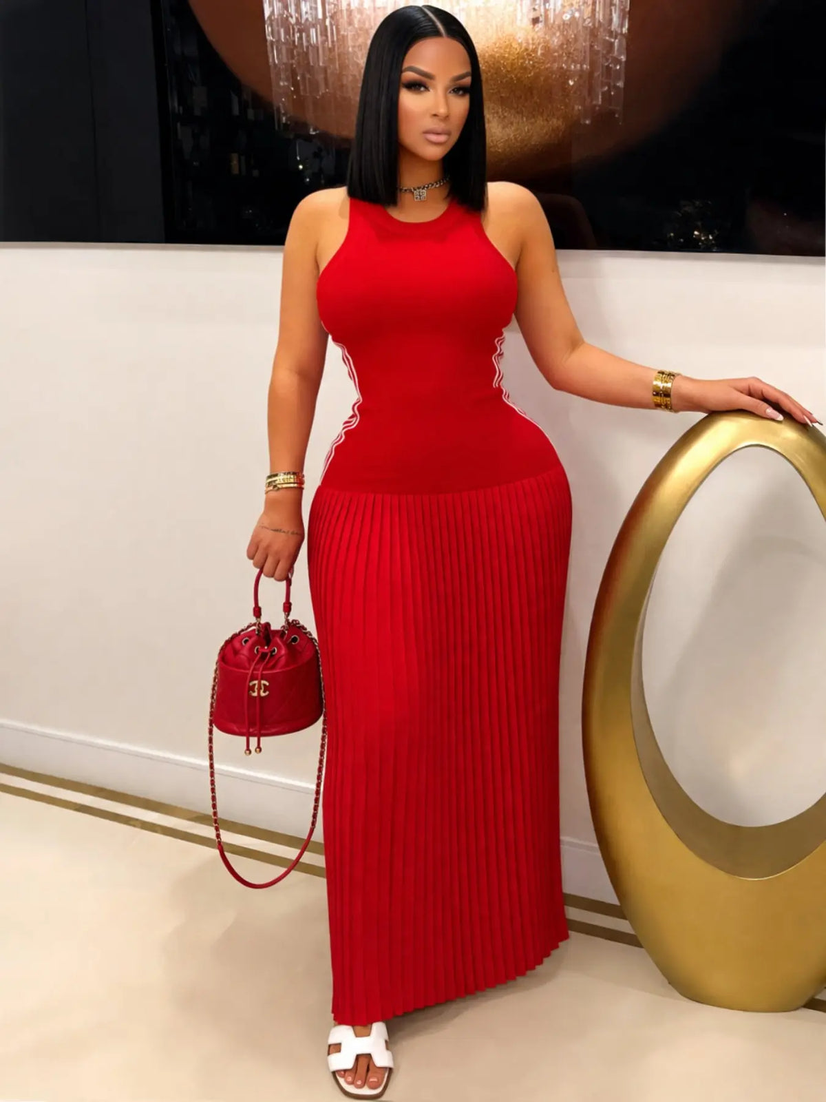 Women's Viral Sleeveless Pleated Maxi Long Dress, Slim-Fitting Bodycon Cut Solid Color Tank Dress, Casual Street Style Chic Fashion Dress, Perfect for Everyday Wear, Women's Summer Clothing, Womenswear