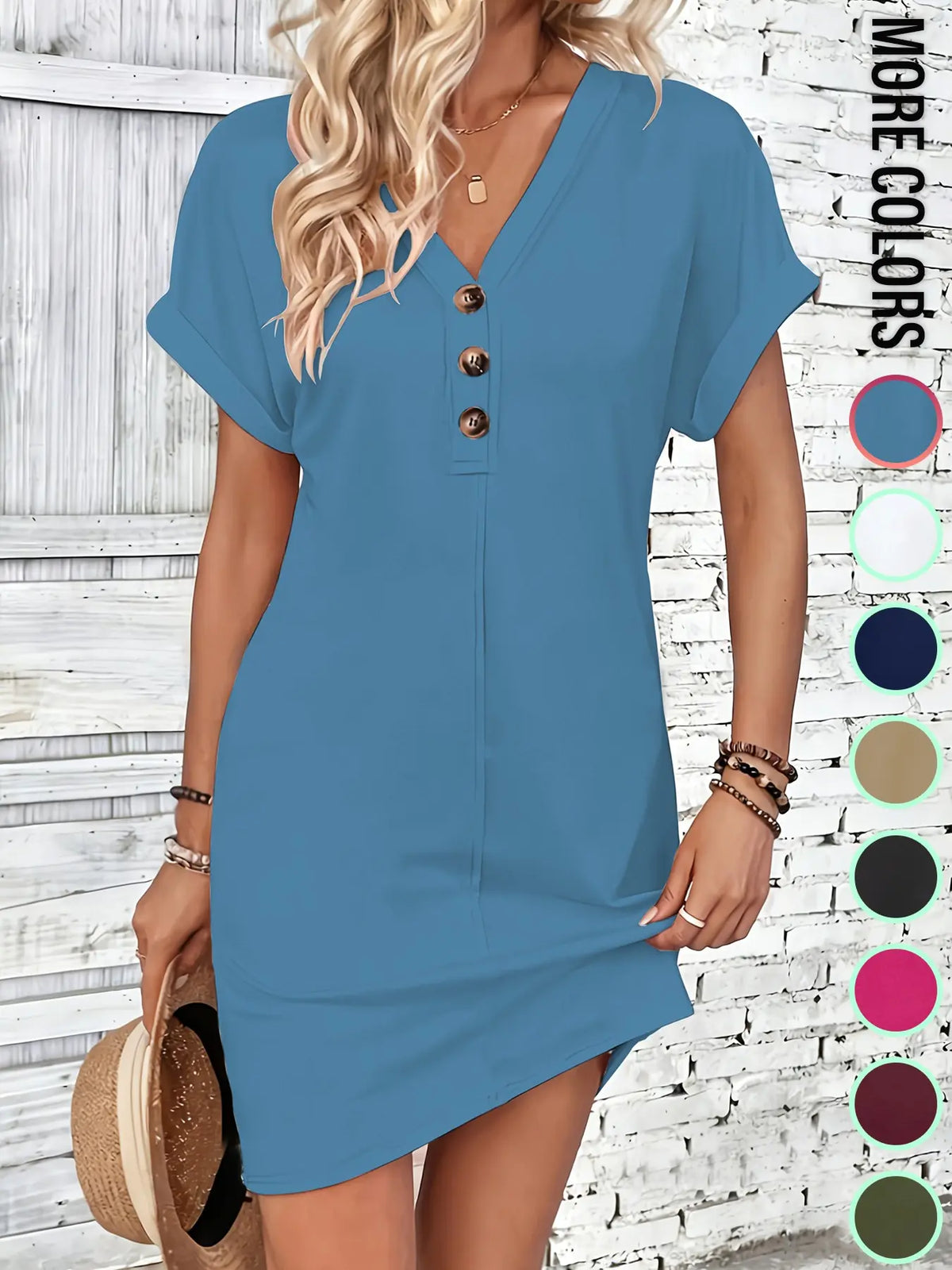 Women's Plain Button V Neck Tee Dress, Casual Short Sleeve Batwing Sleeve Short Dress for Summer, Fashion Women's Dress, Minimalist