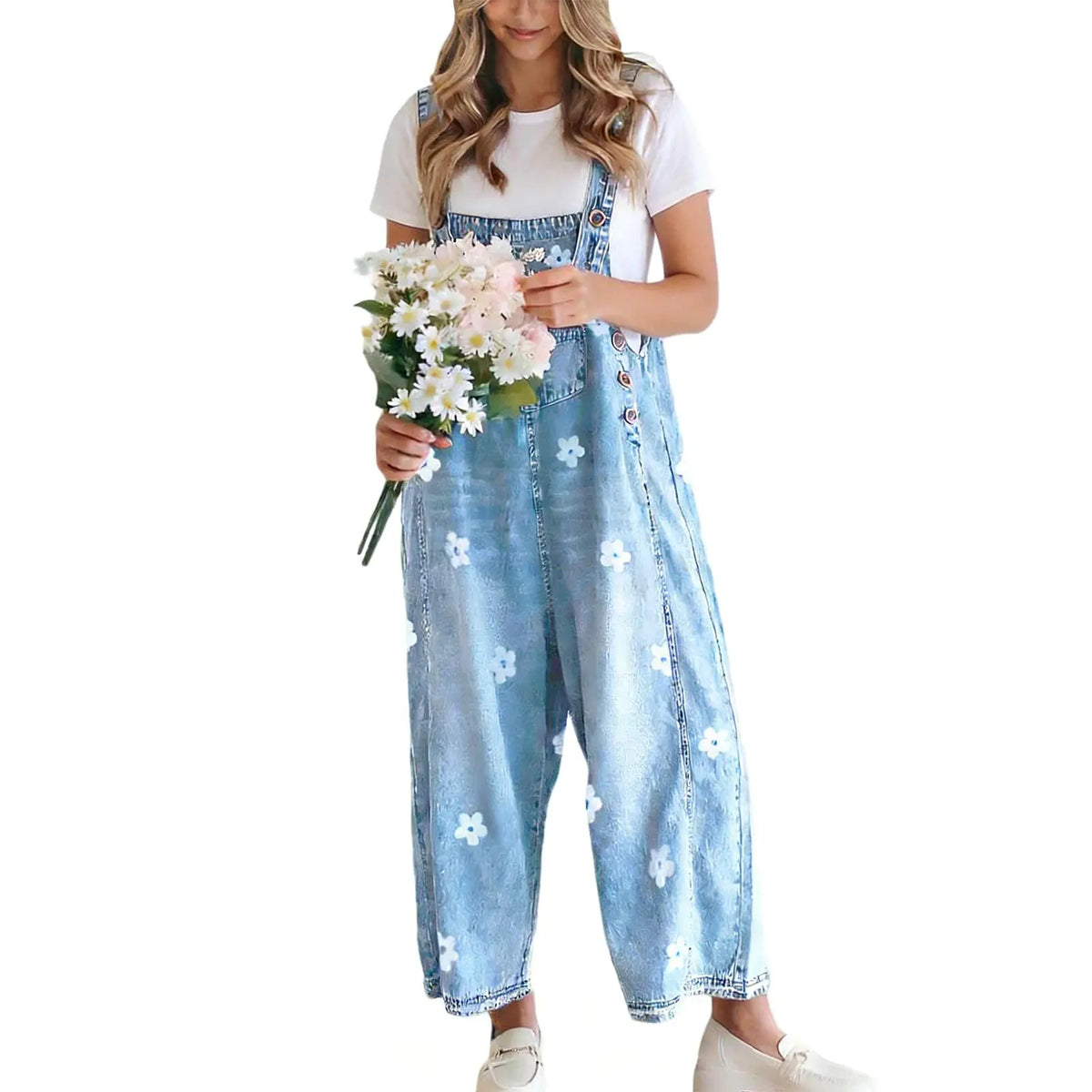 utcoco Women's Cotton Bib Overalls - Cute Floral Print Denim Jumpsuit with Baggy Wide Leg, Adjustable Straps, Vibe Fashion Apparel, Women's Fashion Back to School Clothes