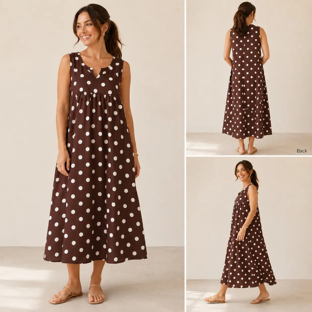 GLAMONIQUE Women's Brown Polka Dot H-Type Maxi Dress - Sleeveless V-Neck Spaghetti Strap, Lightweight Flowy, Side Slit, Adjustable Casual Wear for Outdoor, Vacation