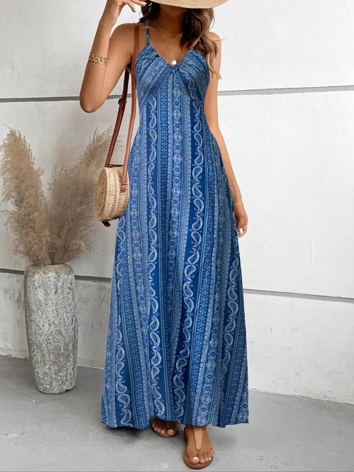 Women's Printed Split Long Sleeveless Dress, Classic Stripe Design, Backless Criss Cross Strap, Spring Summer Fall Wear, Casual Boho Elegant Bohemian Style Womenswear, Boho Summer Dresses