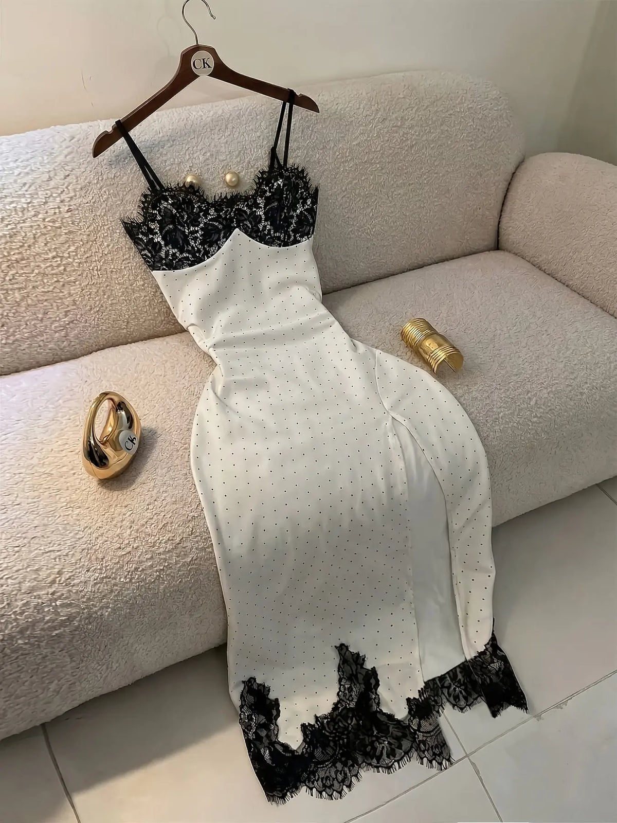French Vintage Polka Dot Strapless Long Dress, Lace Trim V Neck, High Split Slit Design, Slimming Fit Pure Desire Style Dress, Aesthetic