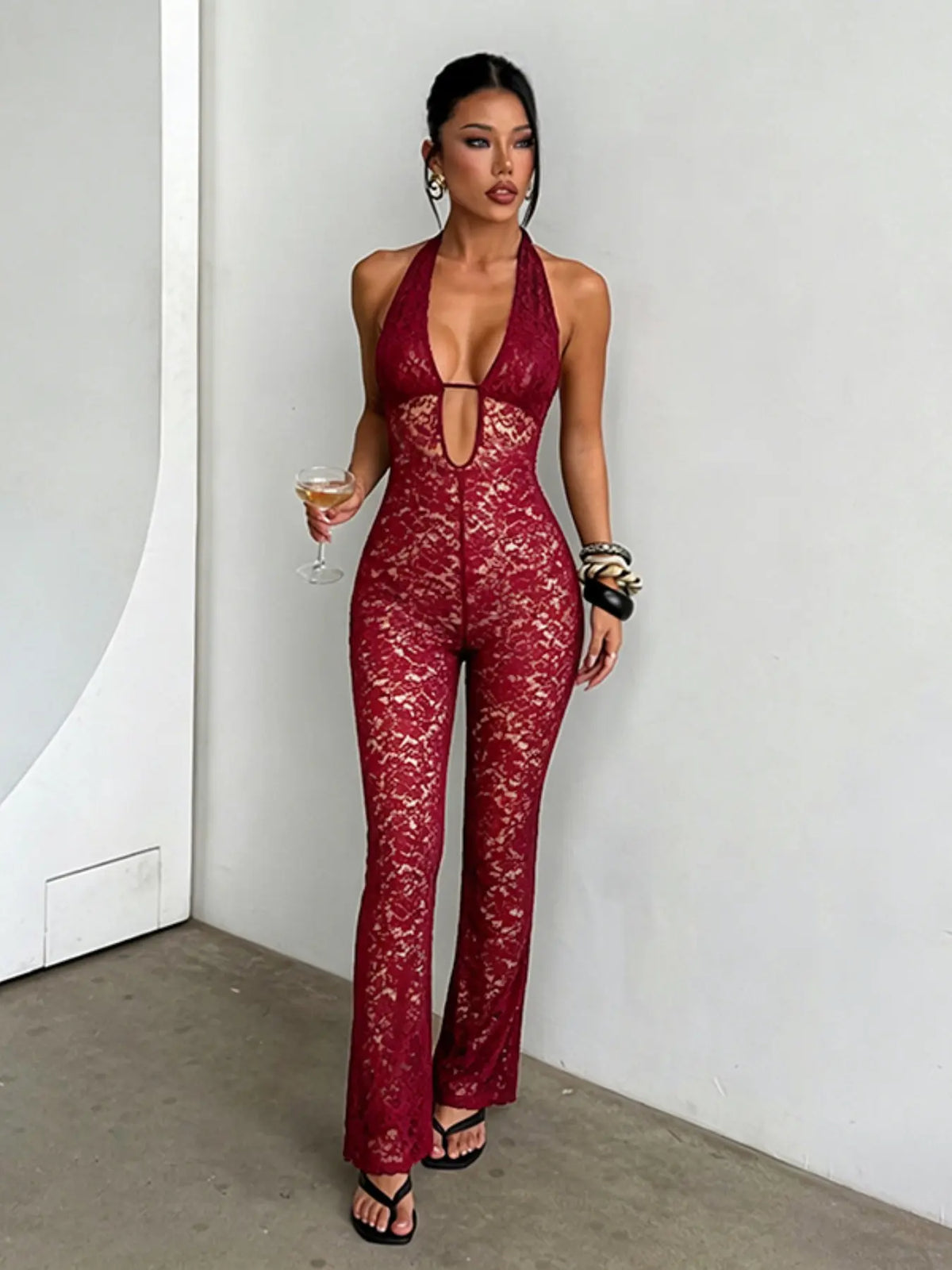 Lace Halter Jumpsuit, Chic Elegant One-Piece, Perfect for Parties & Events, Comfortable Fit, Stylish Design, Elegance, Women's Fashion, Womenswear