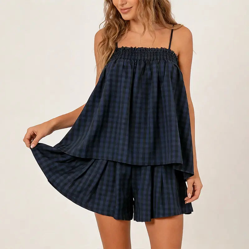 Women's 2 Piece Lounge Outfits Sleeveless Plaid Cami Tank Tops Wide Leg Shorts Sets
