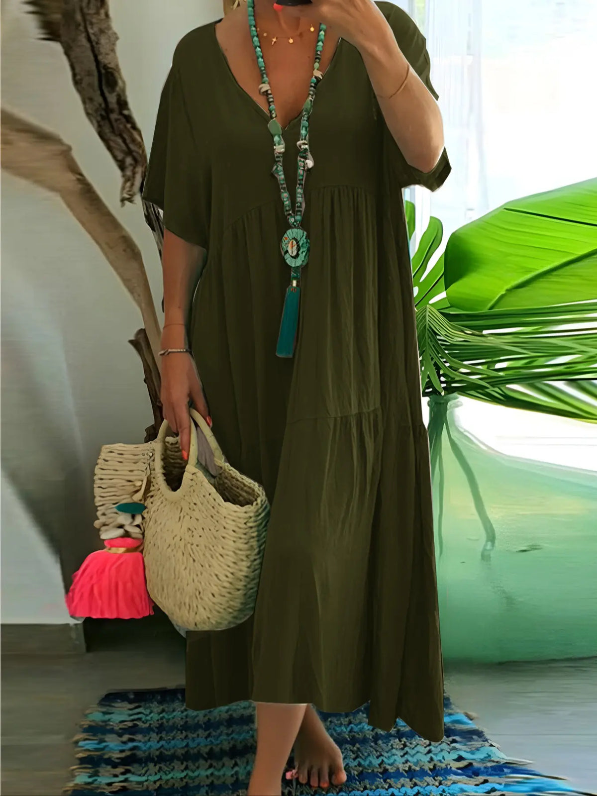 Plus Size Women's Summer Casual Loose V-Neck Plain Long Dress Bohemian Boho Style, Short Sleeve, Tiered Layer, Spring & Fall Fashion