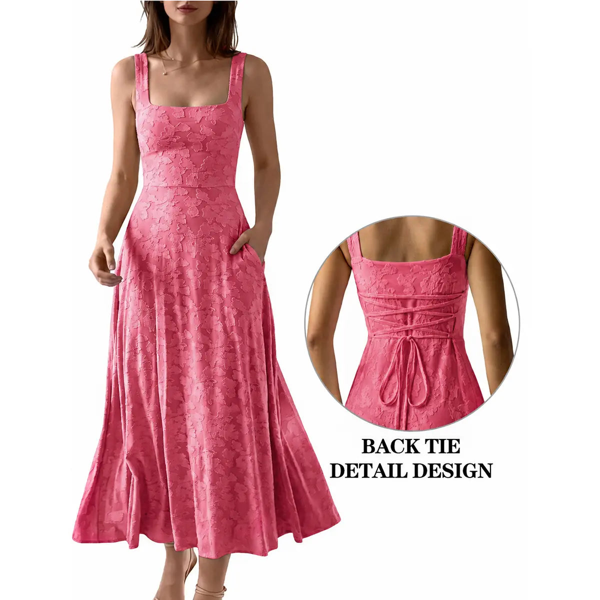 OYS Women's Casual Sleeveless Square Neck A-Line Solid Slim Flowy Long Dress with Pockets & Back Tie Detail Design