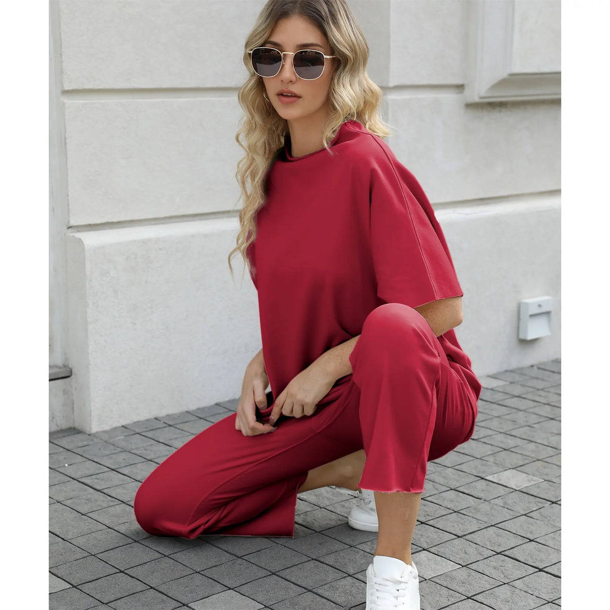Hixiaohe Women's 2-Piece Casual Trendy Clothing Set - 3/4 Batwing Sleeve Capelet Crew Neck Pullover Top, Wide Leg Pants, Pocket Convenience, Travel-Friendly Sohochic Soft Women's Suits & Sets