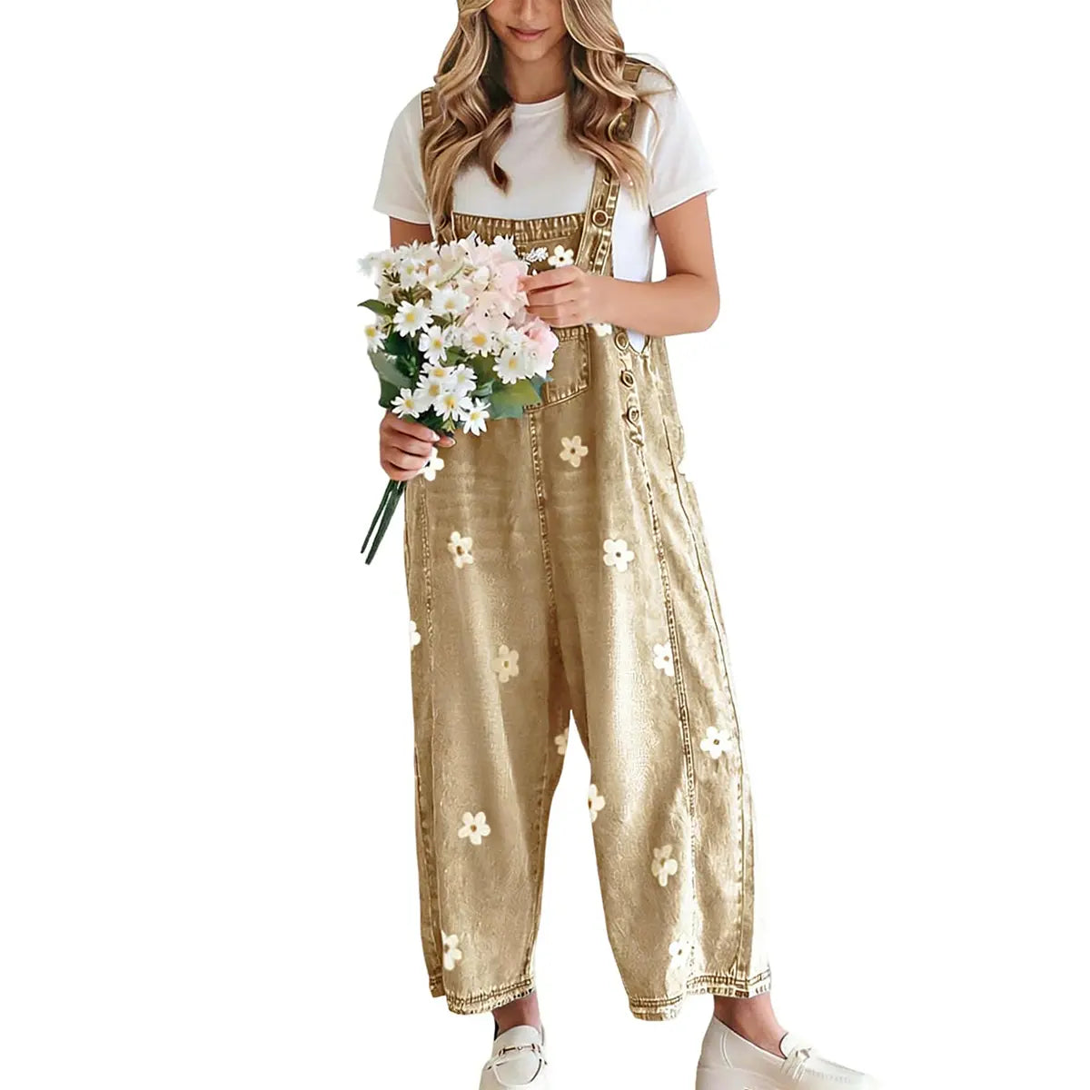 utcoco Women's Cotton Bib Overalls - Cute Floral Print Denim Jumpsuit with Baggy Wide Leg, Adjustable Straps, Vibe Fashion Apparel, Women's Fashion Back to School Clothes