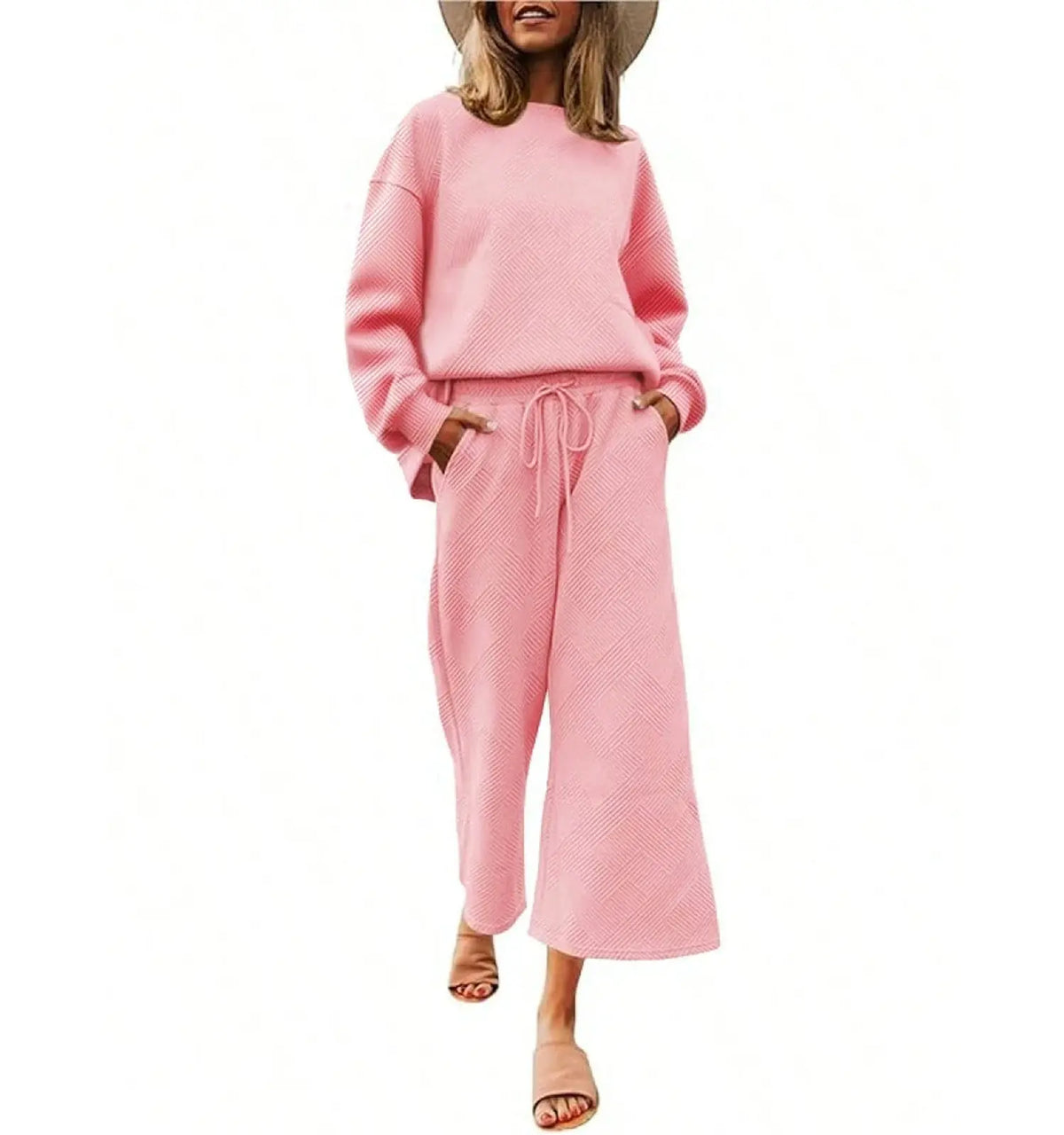 FISOEW Women's 2-Piece Basic Matching Set - Soft Cozy Textured Casual Loungewear Nightwear, Short Sleeve Top & Drawstring Cropped Wide Leg Pants (Women's Clothes)