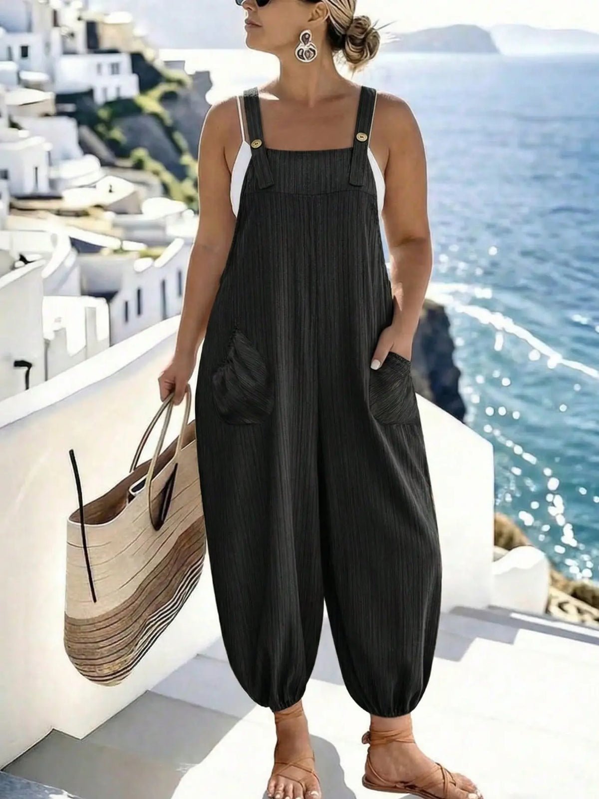 [Plus Size] Geometric Fitted Overalls Jumpsuit, Casual Comfy Sleeveless Jumpsuit for Daily Wear, Women's Plus Womenswear Clothing for All Seasons, Overall Jumpsuits