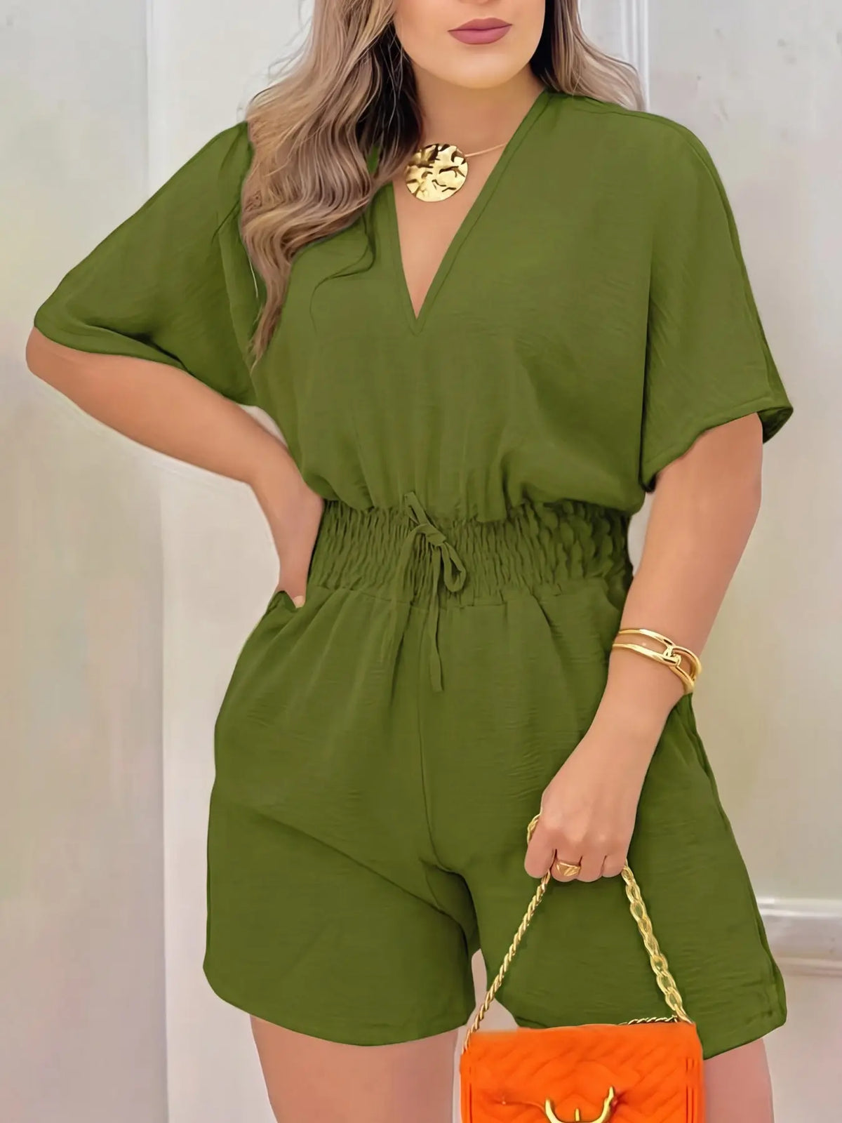 Women's Plain Drawstring Shirred Waist V Neck Romper, Casual Half Sleeve Zipper Back High Waist Romper for Summer, Fashion Women's Clothing for Daily Wear, Casual Rompers