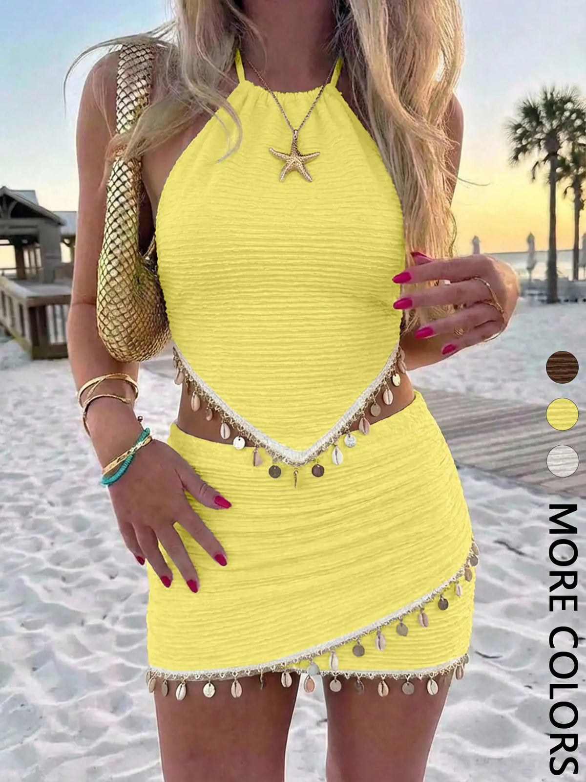 Women's Summer Beach Set, Textured Halter Top with Ruched Short Mini Skirt, Stylish Chic 2-Piece Beachwear Outfit, Perfect for Warm Weather
