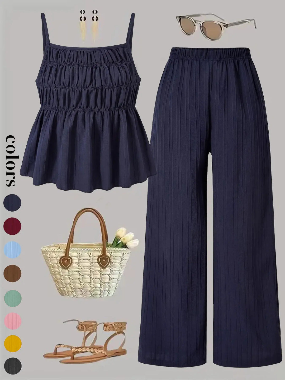 Two-Piece Set Women's Solid Color Cami Top & Wide Leg Pants Set, Street Fashion Casual Everyday Set Outfits for Daily Outdoor Wear, Ladies Clothes for All Seasons