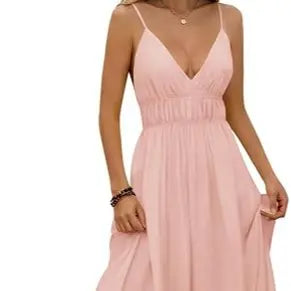 Yousify Women's Deep V-Neck Sleeveless Spaghetti Strap Boho Ruched Bust Maxi Dress - Casual Fashion Dress, Sleeveless for Easy Cooling, Brunch to Beach Wear, Tie Back, Minimalist Summer Basic