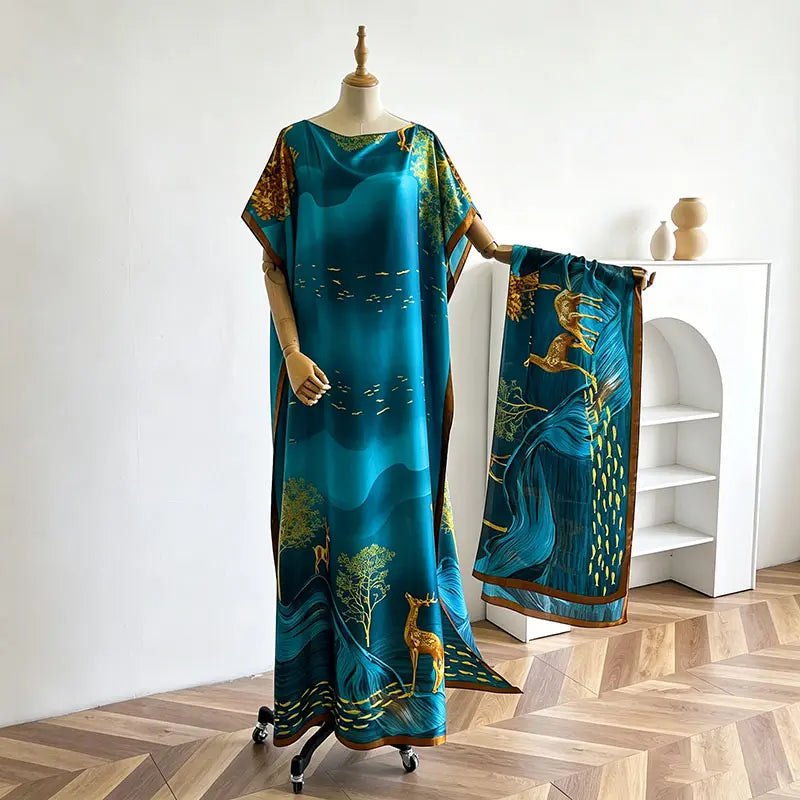 Women's 2-Piece Essential Bohemian Robe Set - Casual Matching Floral Print Long Dress, Headscarf Hairband, Beach Shawl Accessory, All-Season Boho Elegance