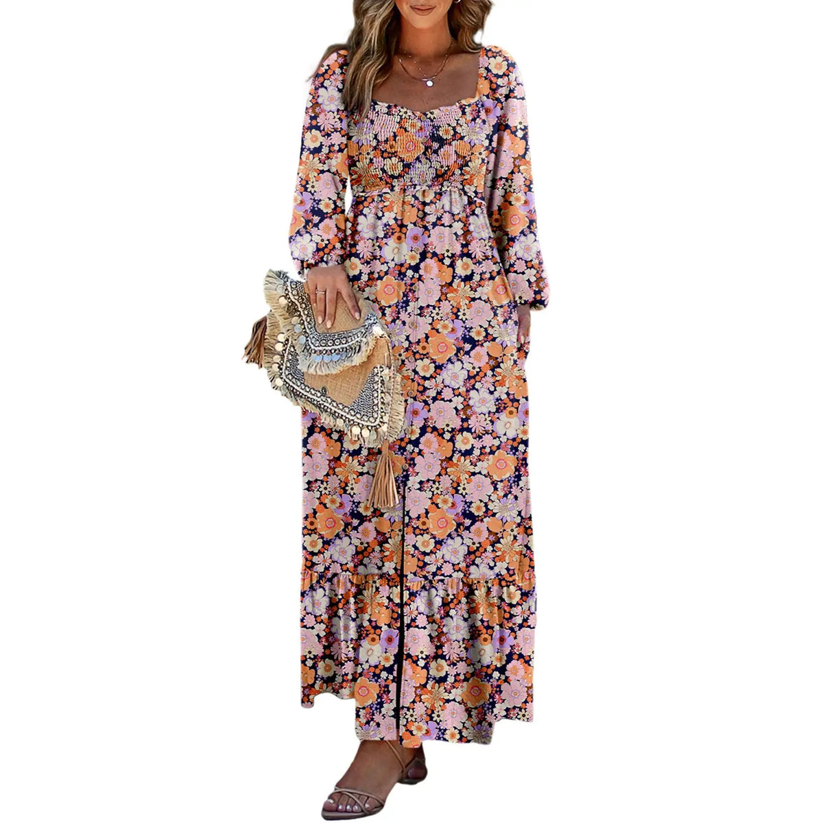 Dokotoo Womens Dresses Boho Floral Smocked Empire Waist Square Neck Long Sleeve Button Maxi Dress Beach Vacation Sundresses
