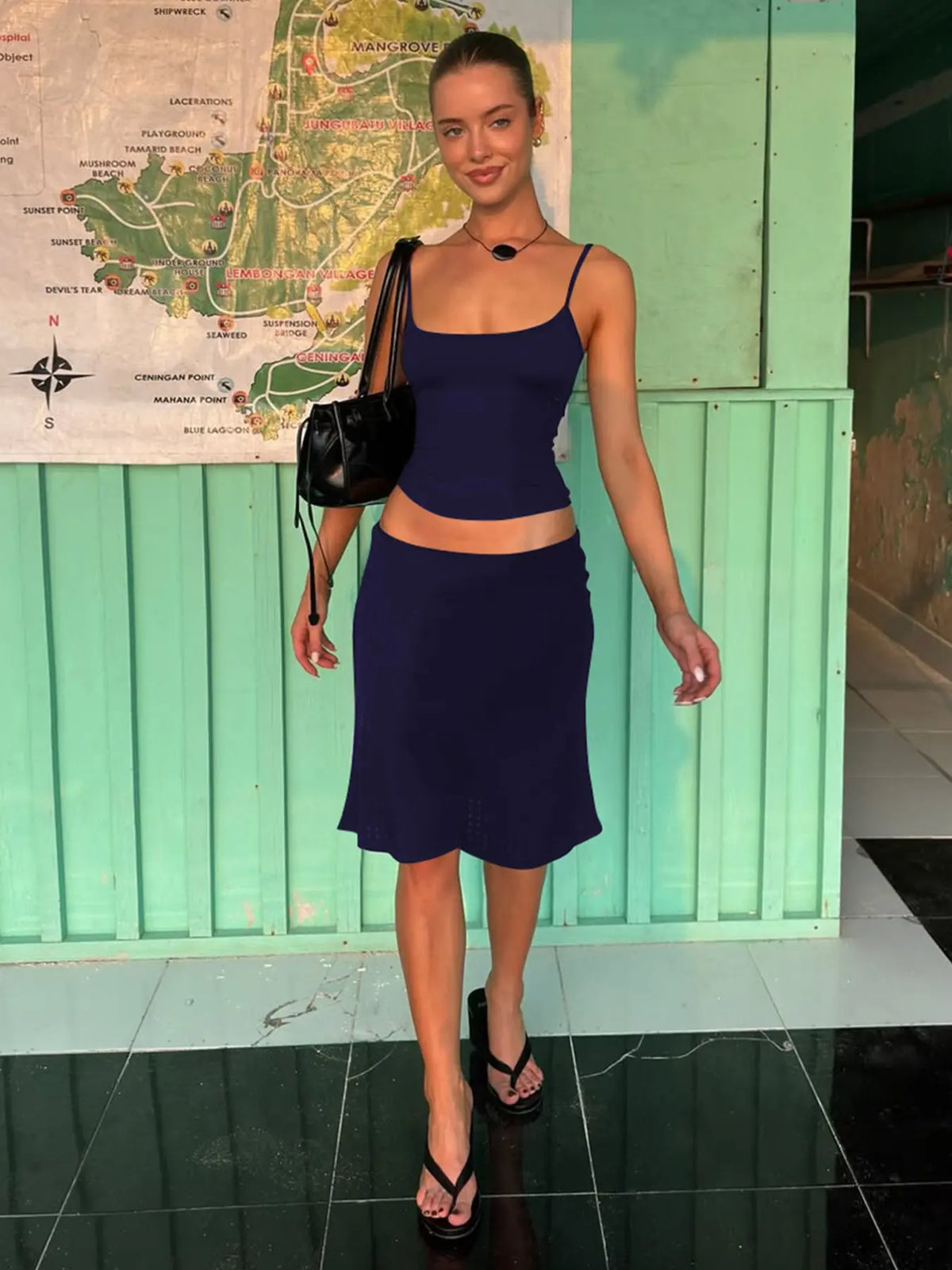 Women's Two-Piece Basic Solid Color Sleeveless Spaghetti Strap Short Cami Top & Skirt Set, Plain Backless Adjustable Strap Outfit for Party, Club and Date, Summer Clothes
