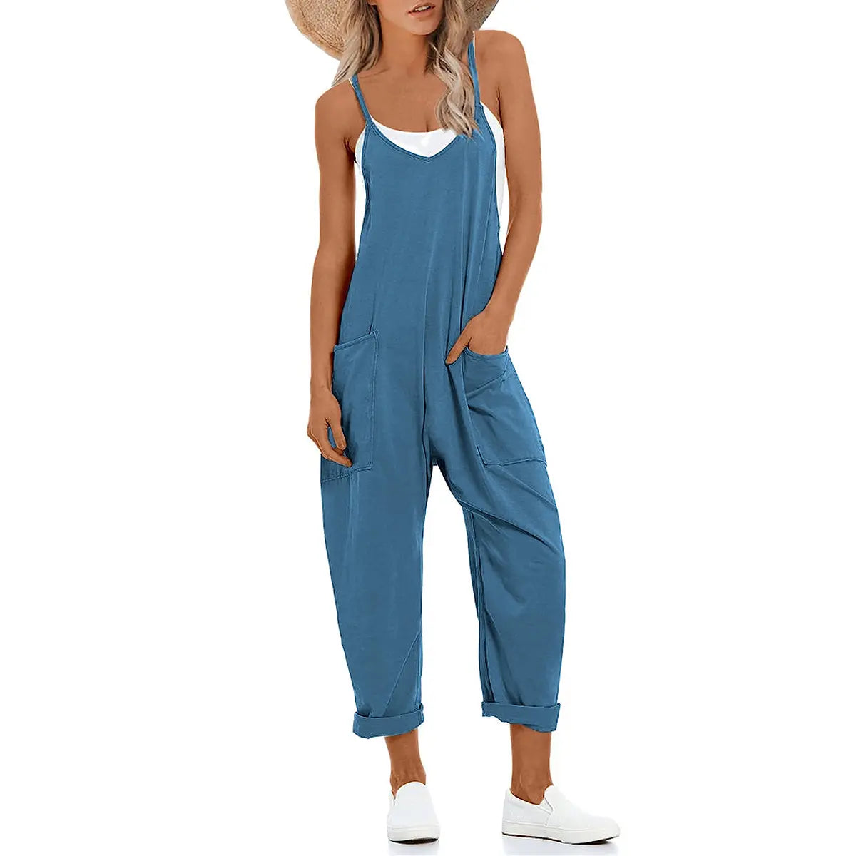 Tanming Lady's Casual Strappy V-Neck Sleeveless Harem Overalls - Stretchy Adjustable Strap Romper with Pockets, Fashion Apparel Clothing for Women, Spring-Summer Statements, Women's Clothes, Clothes For Women