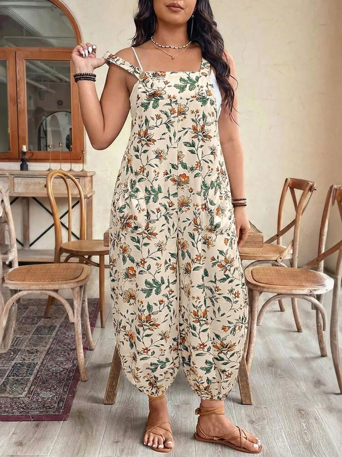 [Plus Size] Geometric Fitted Overalls Jumpsuit, Casual Comfy Sleeveless Jumpsuit for Daily Wear, Women's Plus Womenswear Clothing for All Seasons, Overall Jumpsuits