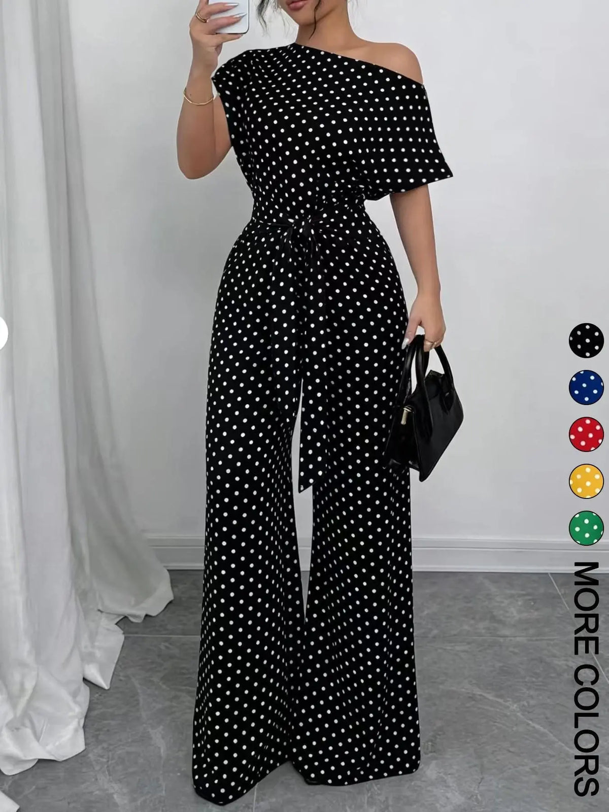 Women's Chic One Piece Jumpsuit, Asymmetrical One‑Shoulder Design, Short Sleeve Cut, Waist Tie for Flattering Silhouette, Palazzo Jumpsuits