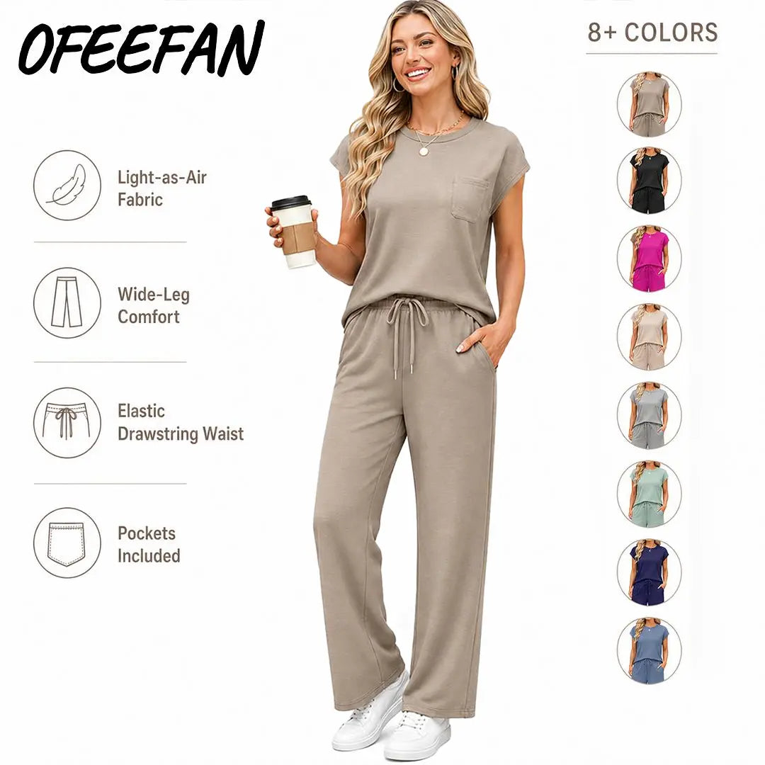OFEEFAN Womenswear 2 Piece Sets for Women Casual Summer Travel Vacation Outfits Cap Sleeve Lounge Set Chic Crewneck Soft Silky Breathable Clothes