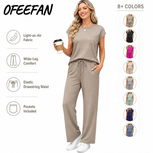 OFEEFAN Womenswear 2 Piece Sets for Women Casual Summer Travel Vacation Outfits Cap Sleeve Lounge Set Chic Crewneck Soft Silky Breathable Clothes