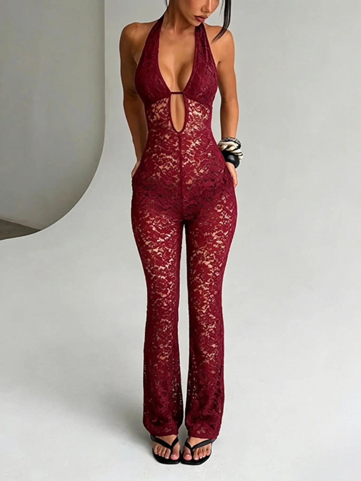 Lace Halter Jumpsuit, Chic Elegant One-Piece, Perfect for Parties & Events, Comfortable Fit, Stylish Design, Elegance, Women's Fashion, Womenswear
