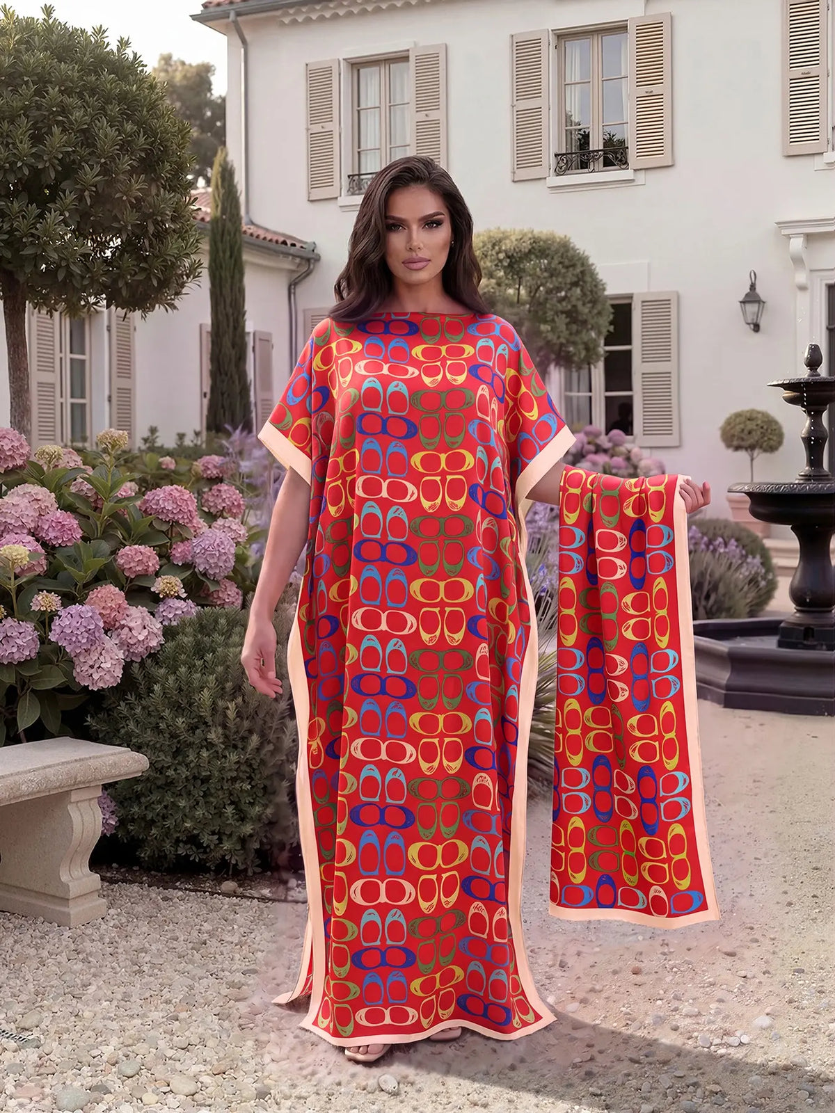 Women's Elegant Chic Geometric Print Robe Set, Casual Fitted Long Dress & Scarf, Beach Resort Wear Sun Protection Satin Matching Set Shawl