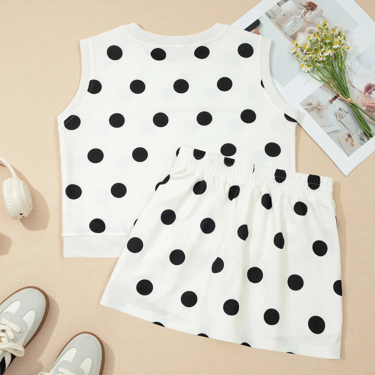 Asvivid Women's Ribbed Trim Polka Dot Print Tank Top and Split Mini Skort 2pcs Set Womenswear Summer Clothes