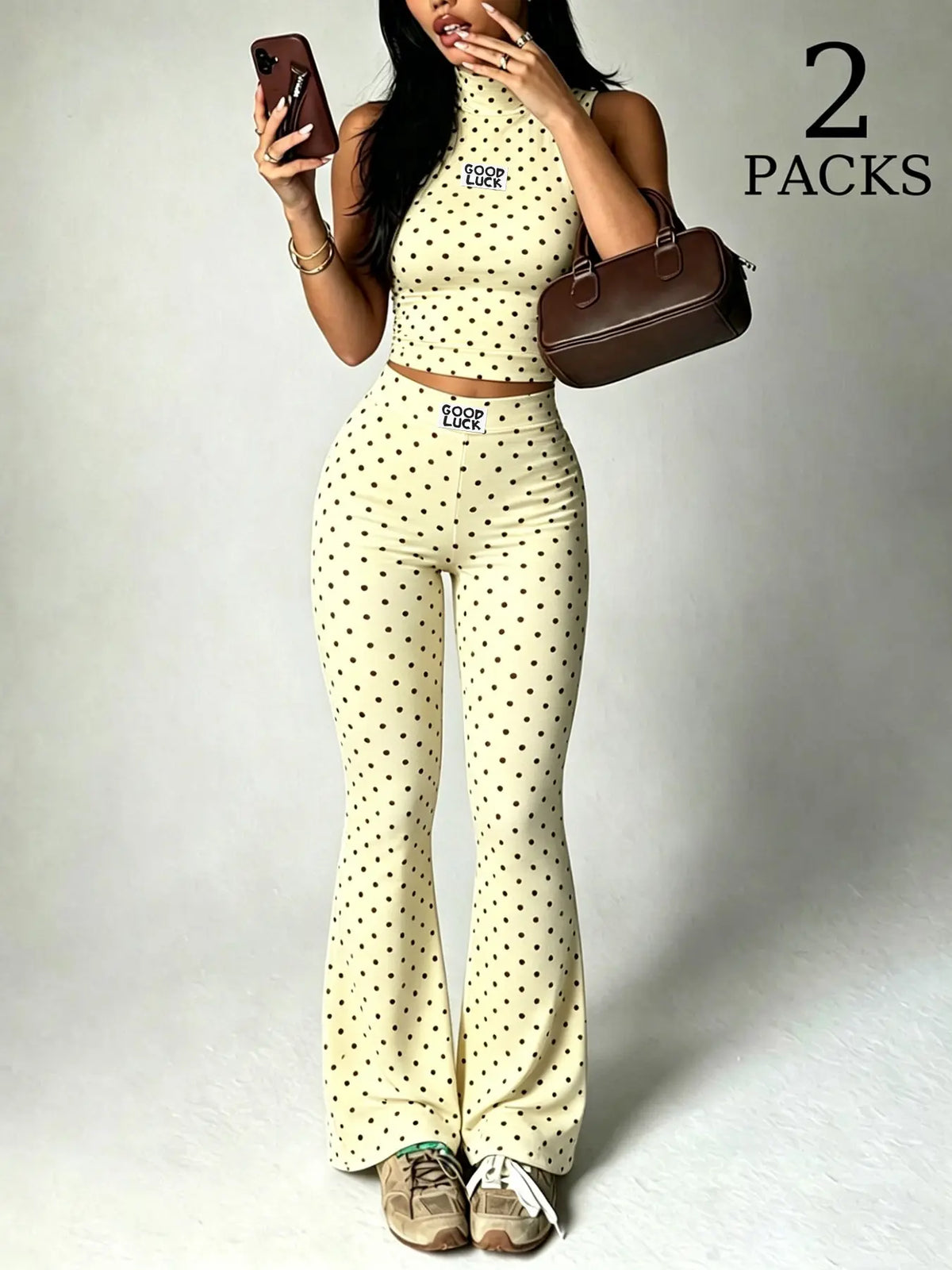 2 Pack Women Polka Dot 2 Piece Outfits, Sleeveless High Neck Crop Top and Flare Leggings Set, Seamless Bodycon Bell Bottom Pants, Trendy Summer Streetwear Outfits, Slim Fit Casual Loungewear for Daily Wear & Going Out Clothes
