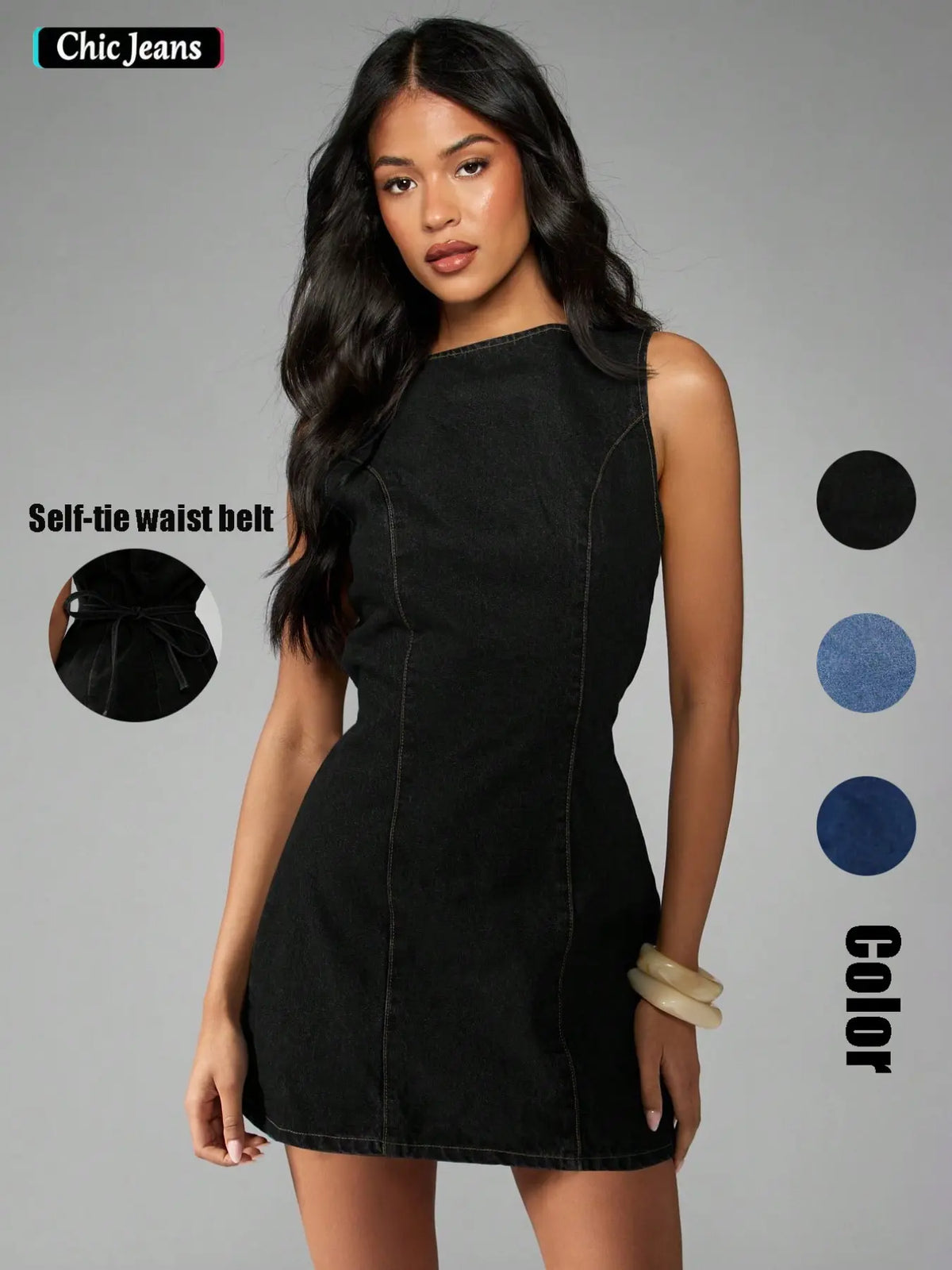 Women's American Retro Vintage Sleeveless Short Dark Wash Denim Summer Dress, A-Line Dress, Flattering Fit, Perfect for Daily Commute, Dates, Parties and Vacations