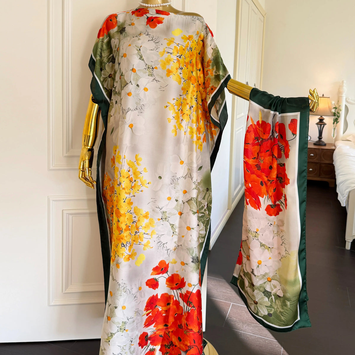 Women's Short-Sleeve Casual Navy & Red Floral Line Art Silky Modest Maxi Bubu Dress Set, Trendy Clothes for Women, Stylish Maxi Dresses