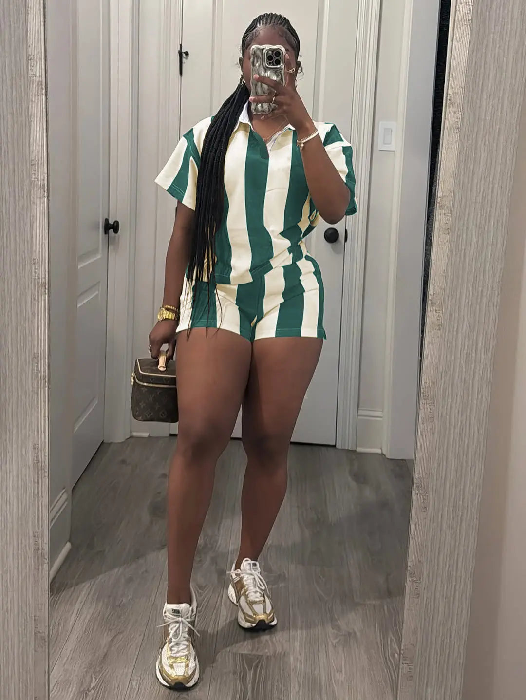USBOUTIQUE CHIC Women's 2026 Spring Two Piece Set Striped Short Sleeve Top & Drawstring Shorts Casual Outfit for Comfort