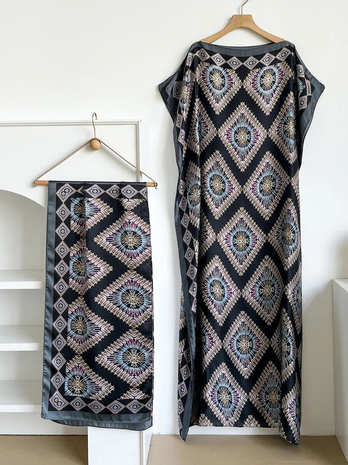Elegant Dopamine Color Set, Boho Summer Chain Print Muumuu Long Dress Robe, Women's Sun Protection Satin Scarf Shawl