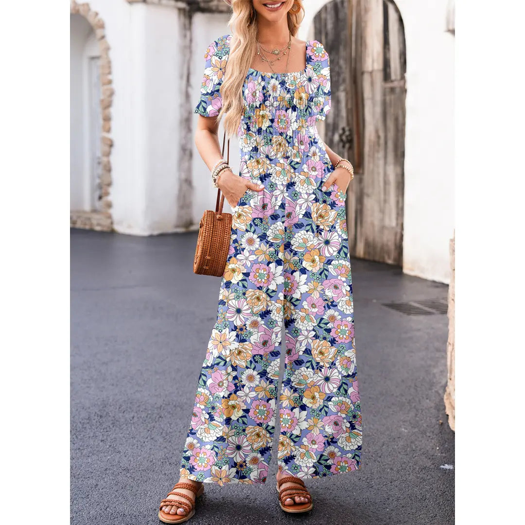 Dokotoo Square Neckline Stretch Waistband Printed Jumpsuit - Womenswear Casual Chic Comfortable Summer Boho
