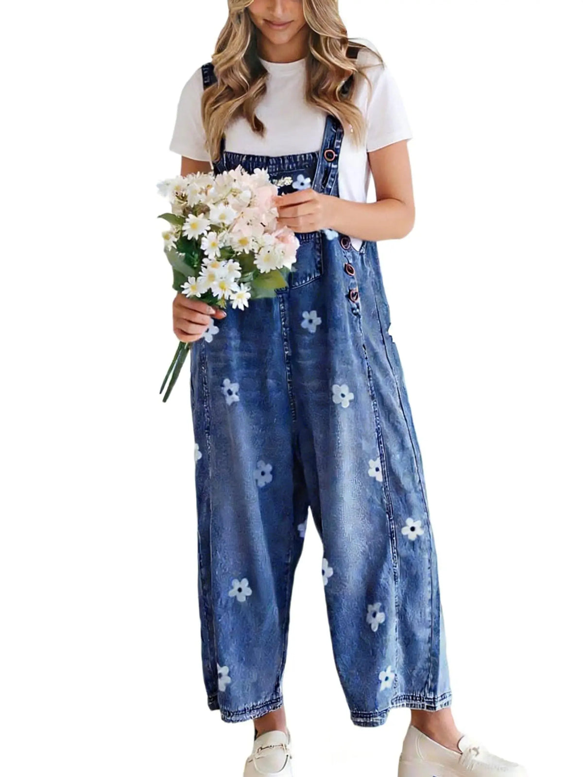 utcoco Women's Cotton Bib Overalls - Cute Floral Print Denim Jumpsuit with Baggy Wide Leg, Adjustable Straps, Vibe Fashion Apparel, Women's Fashion Back to School Clothes