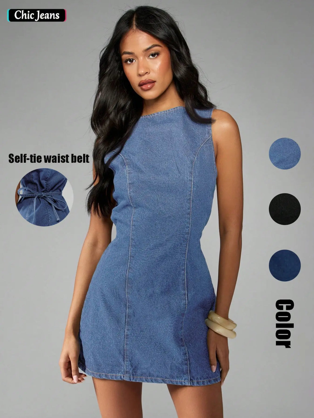 Women's American Retro Vintage Sleeveless Short Dark Wash Denim Summer Dress, A-Line Dress, Flattering Fit, Perfect for Daily Commute, Dates, Parties and Vacations
