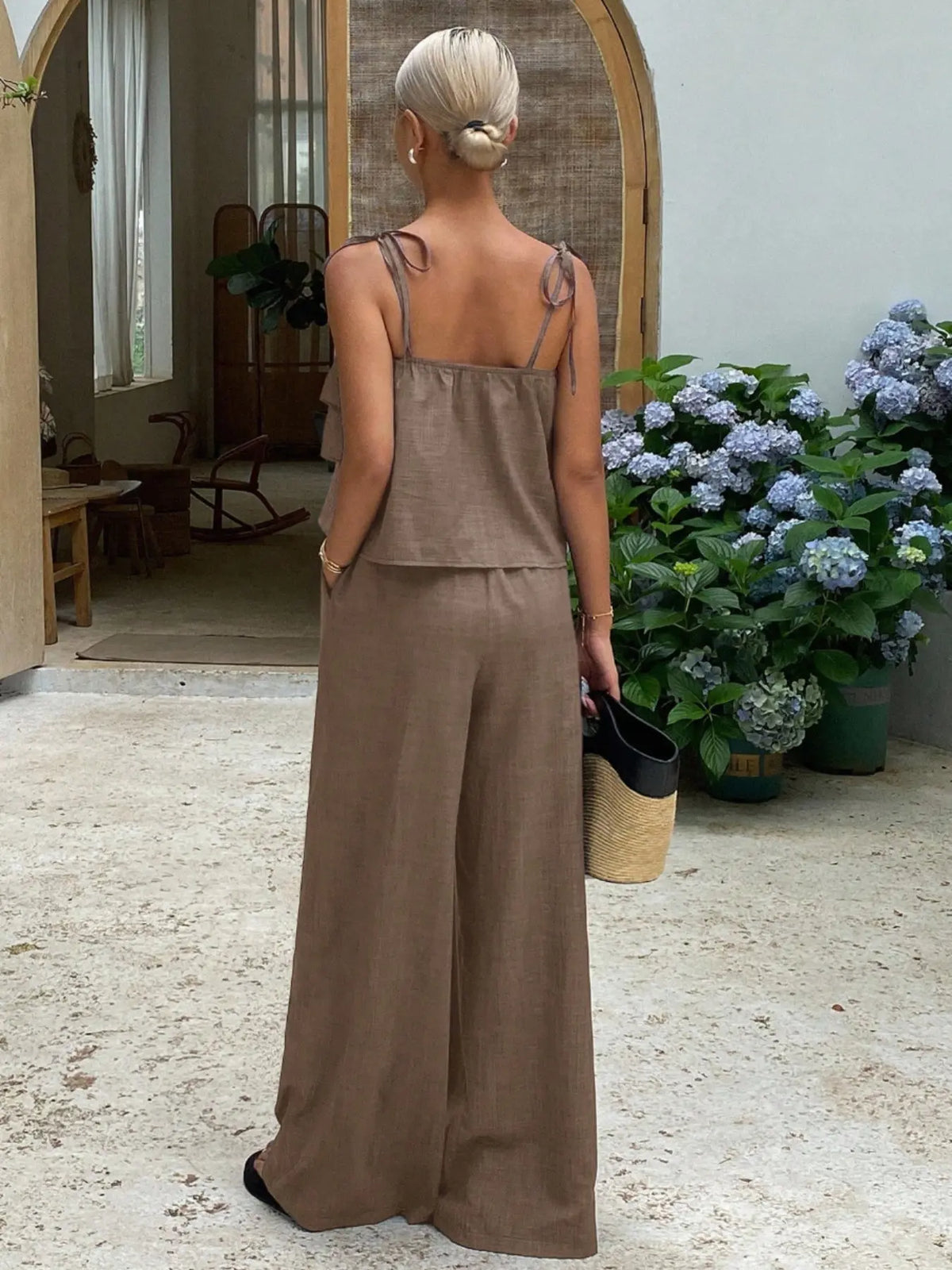 2-Piece Women's Sleeveless Ruffle Top & High Waist Casual Pants Set, High Waisted Sets, Coordinate, Clothes, Comfortable and Trendy Outfits, Stylish Summer Wear