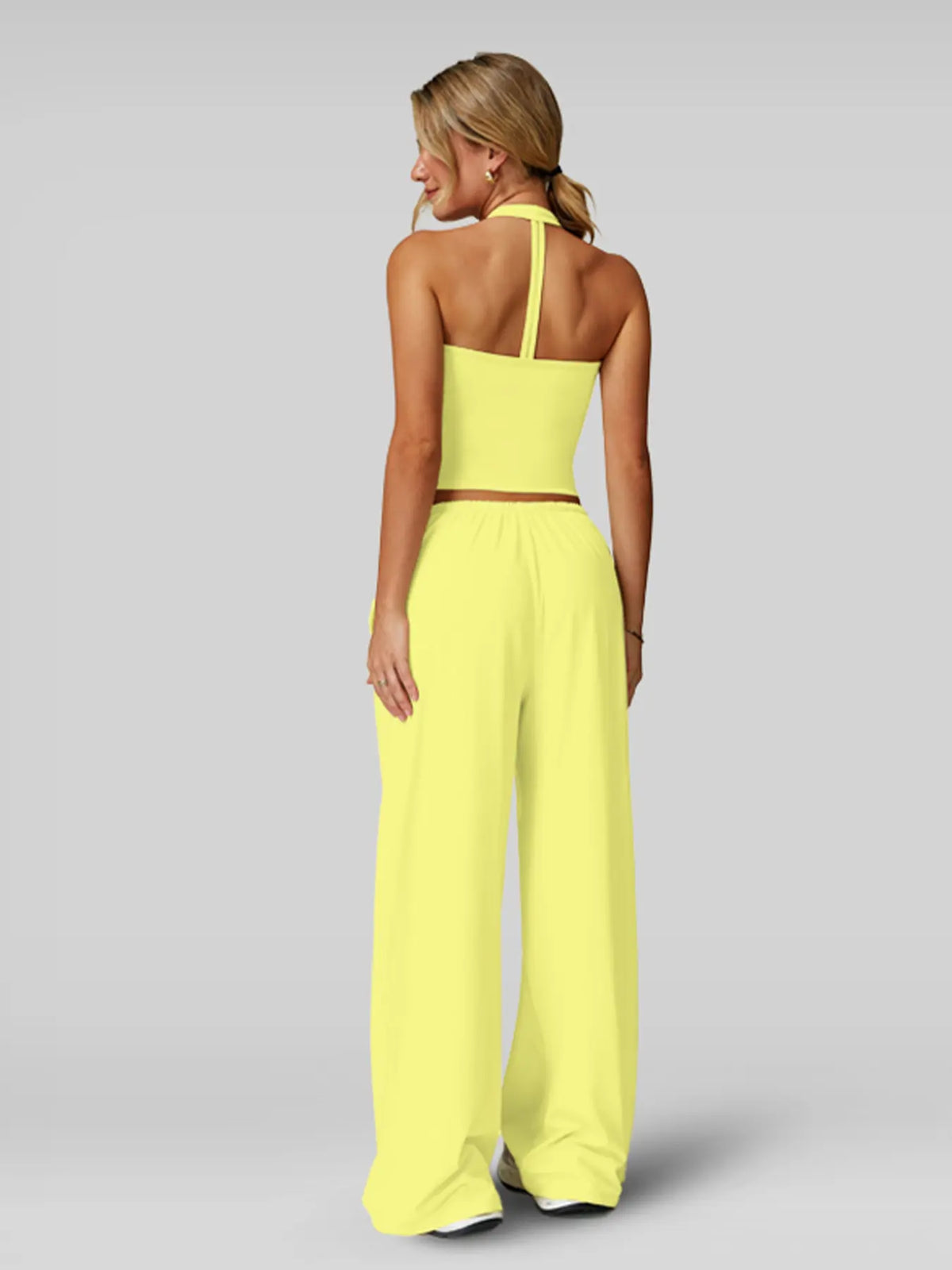 Nvwaurban Women's 2-Piece Fitted Athleisure Outfits, Summer Ribbed Fabric Set with V-Neck Strappy Open-Back Top & Wide Leg Pants, Breathable Everyday Active Lounge Wear for Gym & Travel, Sports Clothing Set for Back to School
